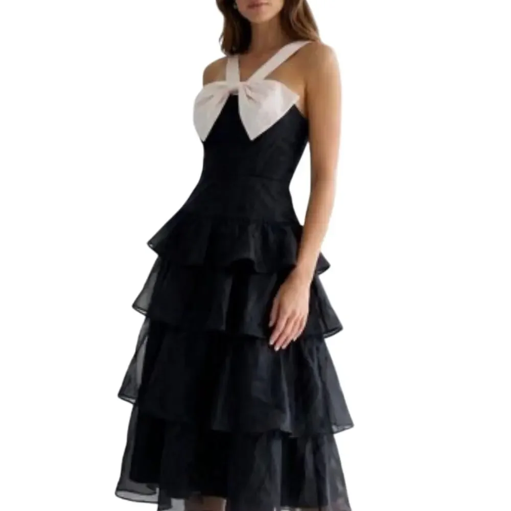 Lulu’s Perfect Beauty Black Organza Tiered Midi Dress With Cream Bow Neck M NWT